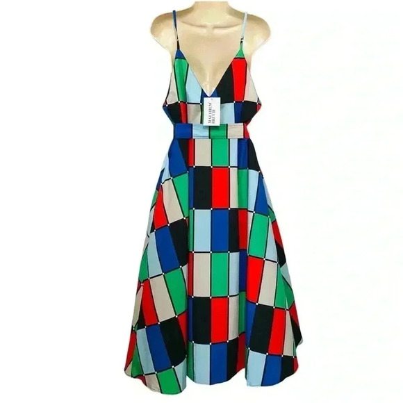 Matthew Bruch NWT Patchwork Midi Dress Belted Fit & Flare - Picture 8 of 14